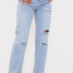 PRETTYLITTLETHING Light Blue Wash Ripped Long Leg Straight Jeans