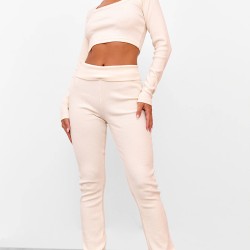 Cream Rib Fold Over Waist Flared Pants