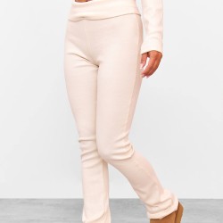 Cream Rib Fold Over Waist Flared Pants