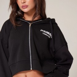 PRETTYLITTLETHING Black Premium Print Zip Front Hoodie