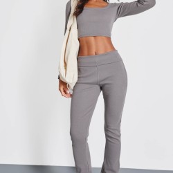 Charcoal Rib Fold Over Waist Flared Pants