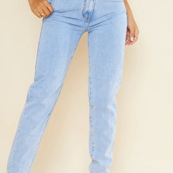 Light Blue Wash Asymmetric Waistband Long Straight Leg Jeans