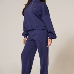 PRETTYLITTLETHING Navy Wide Leg Embroidered Sweatpants